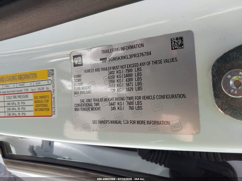 CHEVROLET TAHOE 2023 VIN 1GNSKRKL3PR376784