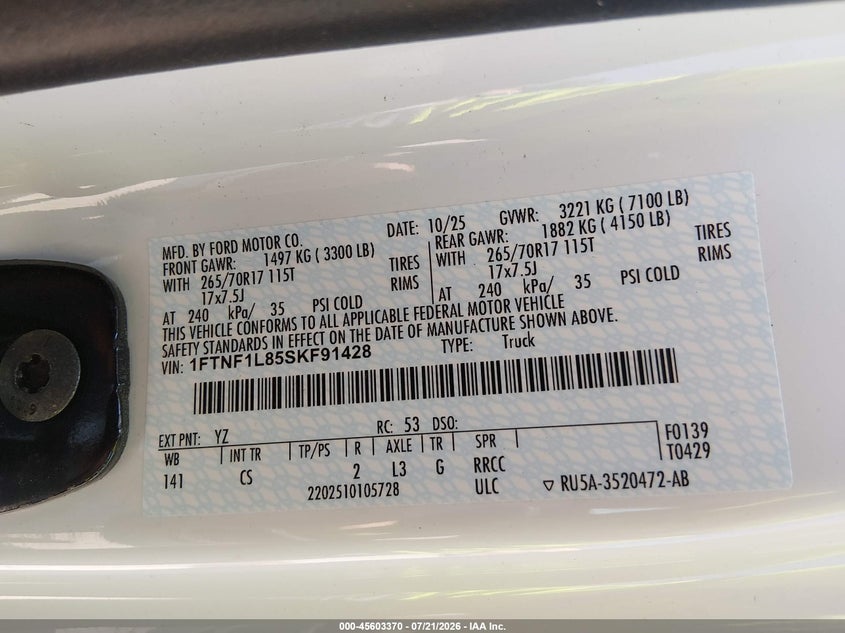 2025 Ford F-150 Xl VIN: 1FTNF1L85SKF91428 Lot: 45603370