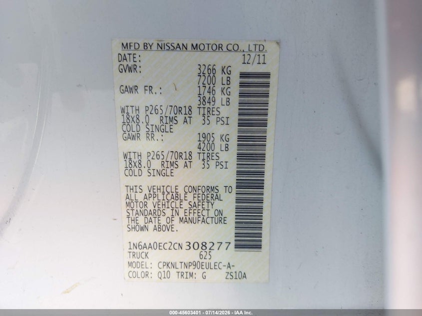 2012 Nissan Titan Sv VIN: 1N6AA0EC2CN308277 Lot: 45603401