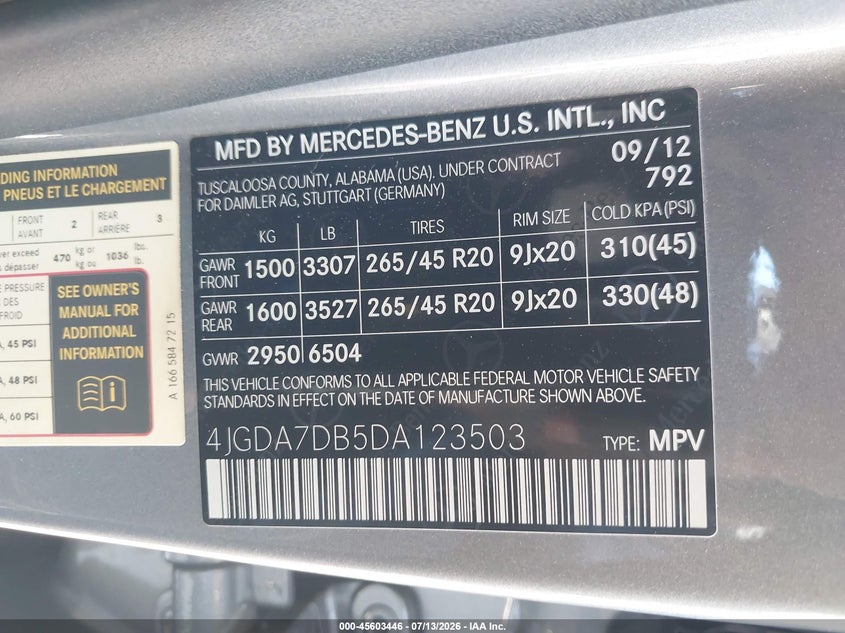 2013 Mercedes-Benz Ml 550 4Matic VIN: 4JGDA7DB5DA123503 Lot: 45603446