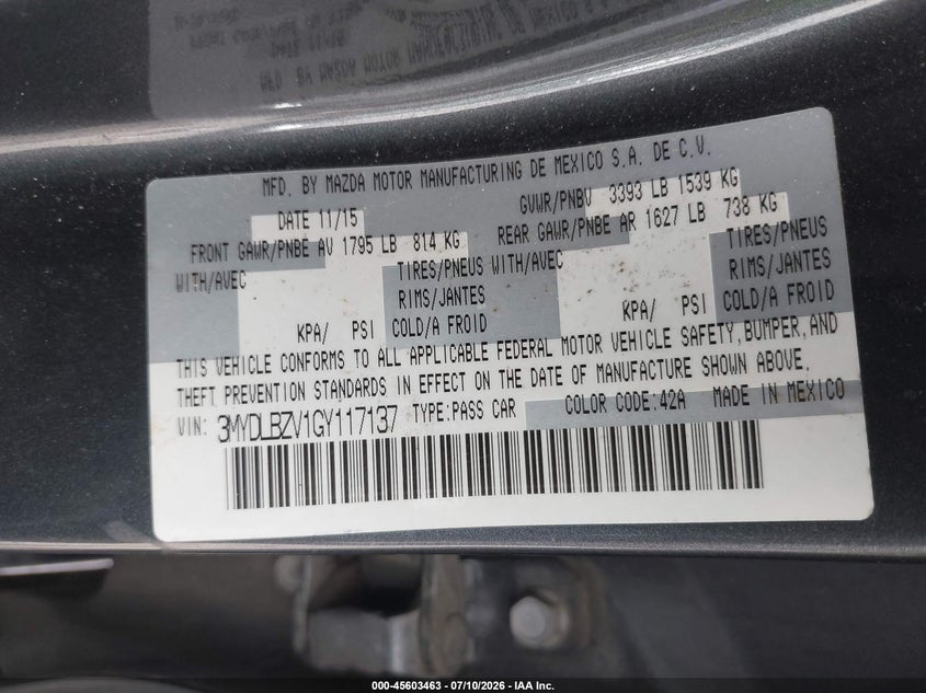 2016 Scion Ia VIN: 3MYDLBZV1GY117137 Lot: 45603463