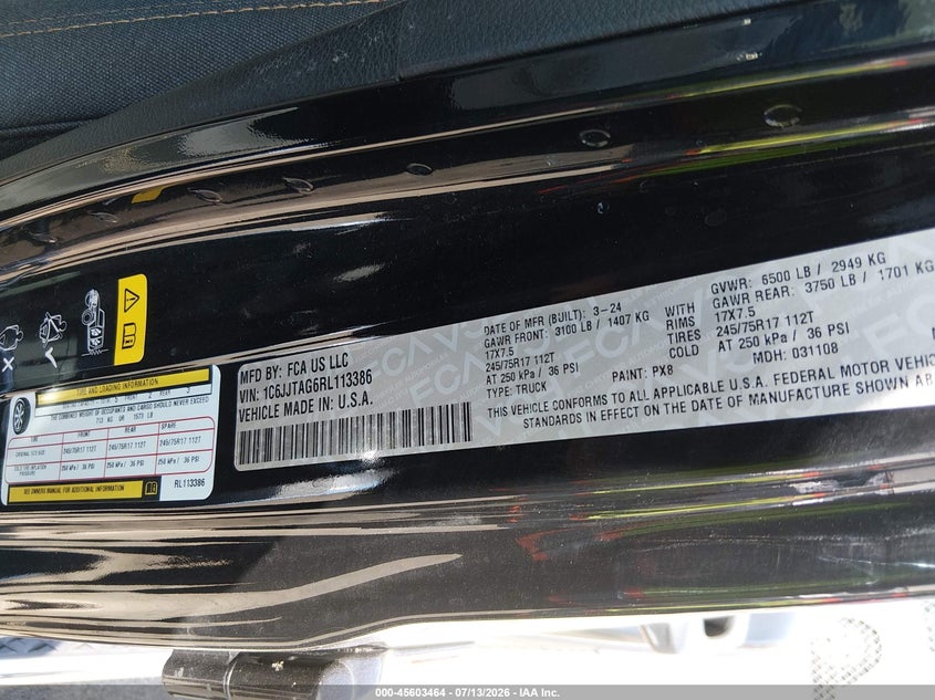 2024 Jeep Gladiator Sport S VIN: 1C6JJTAG6RL113386 Lot: 45603464