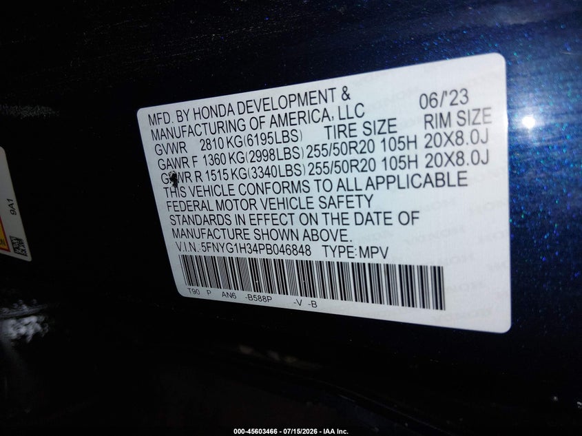 HONDA PILOT 2023 VIN 5FNYG1H34PB046848