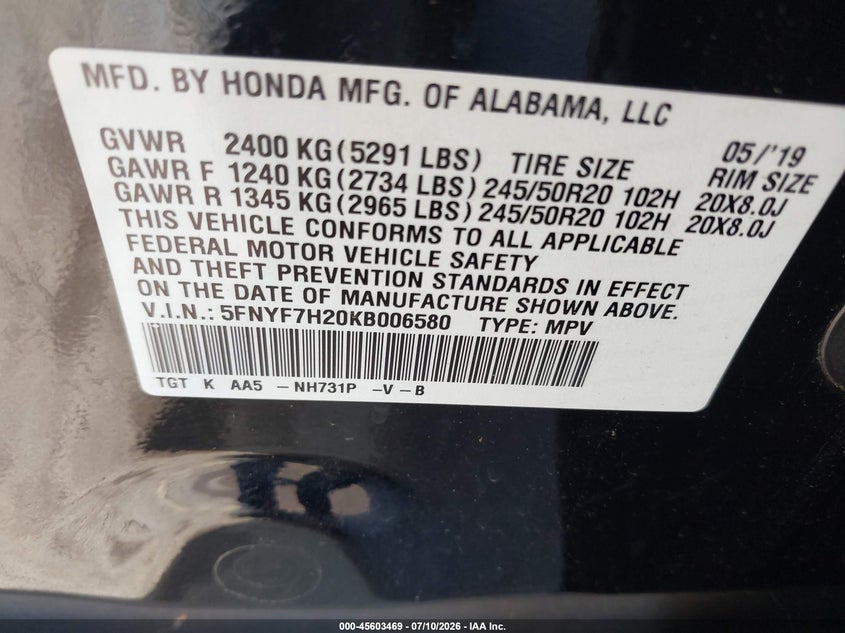 2019 Honda Passport Sport VIN: 5FNYF7H20KB006580 Lot: 45603469