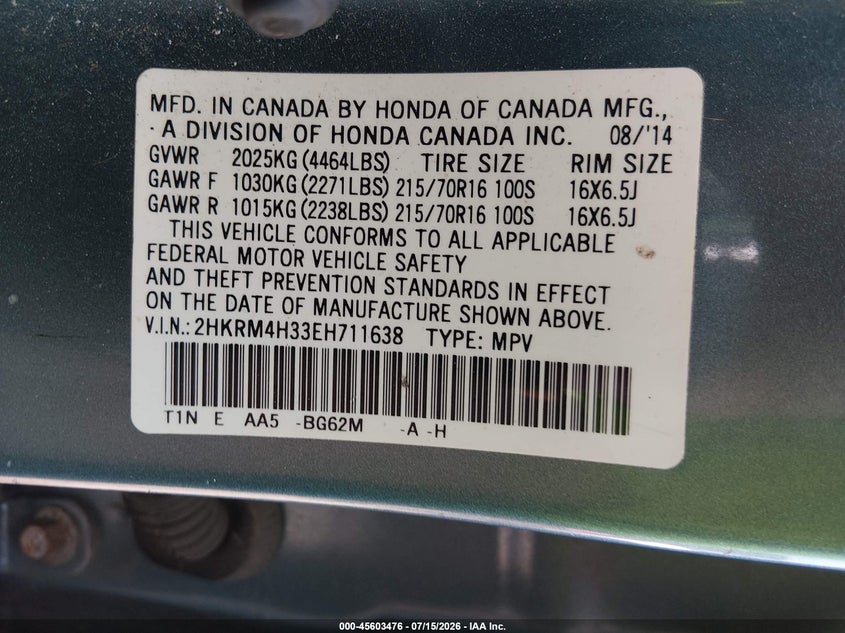 2014 HONDA CR-V SPORT UTILITY VEHICLE 2.4L I-4 DOHC, VVT, 185HP