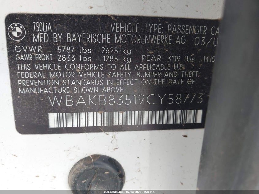 2009 BMW 750Li VIN: WBAKB83519CY58773 Lot: 45603486