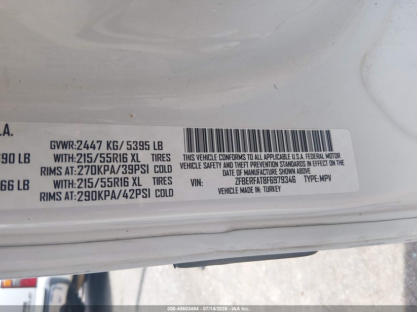 2015 Ram Promaster City Tradesman VIN: ZFBERFAT8F6979346 Lot: 45603494
