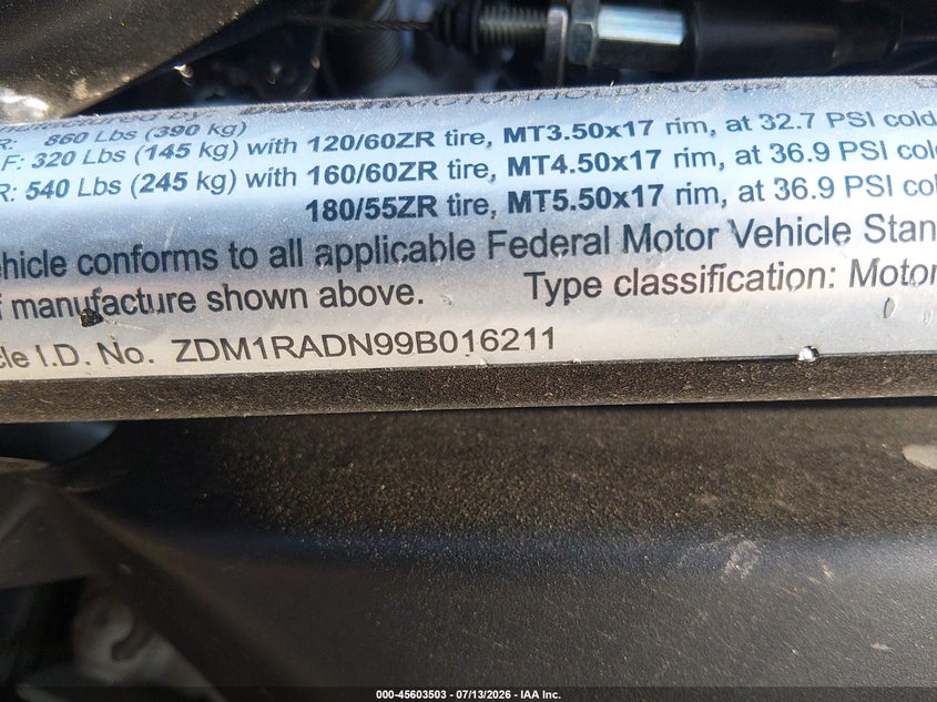 2009 Ducati Monster 696 VIN: ZDM1RADN99B016211 Lot: 45603503