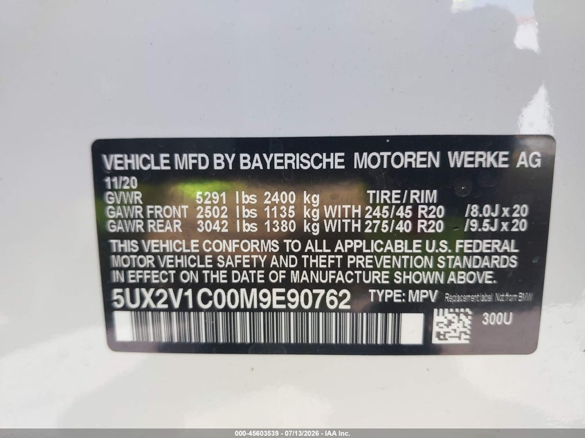 2021 BMW X4 xDrive30I VIN: 5UX2V1C00M9E90762 Lot: 45603539