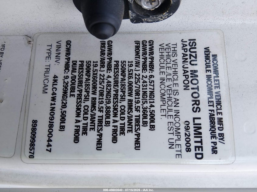 2009 Isuzu Npr Hd Gas Reg VIN: 4KLC4W1N09J800447 Lot: 45603540
