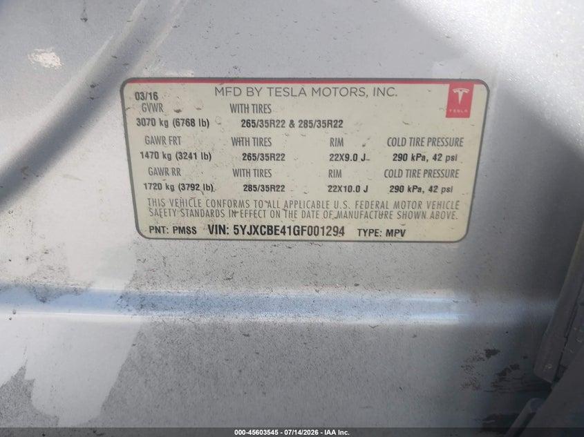 2016 Tesla Model X 75D/P100D/P90D VIN: 5YJXCBE41GF001294 Lot: 45603545