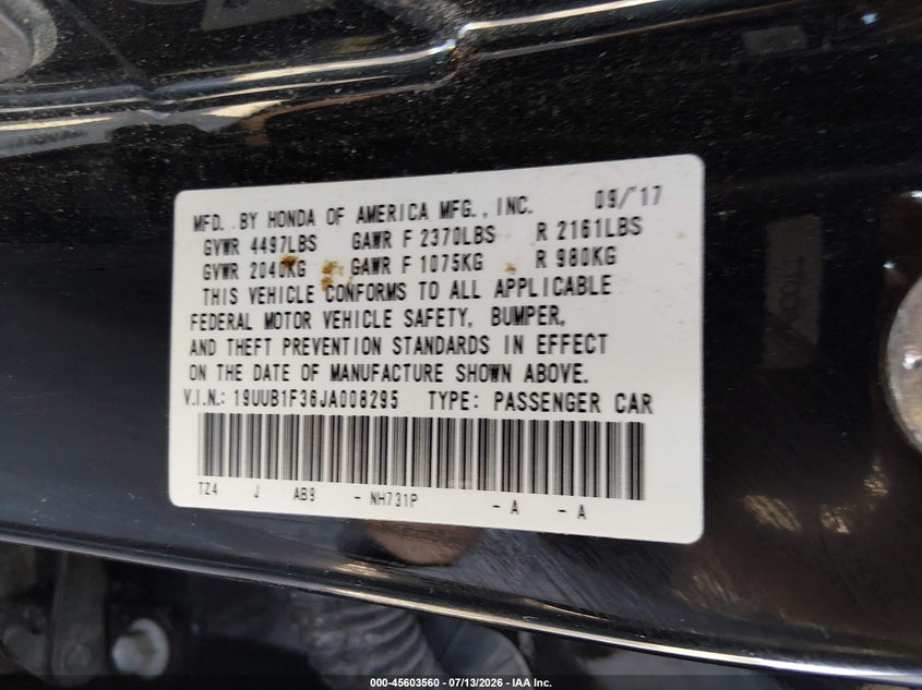 2018 Acura Tlx VIN: 19UUB1F36JA008295 Lot: 45603560