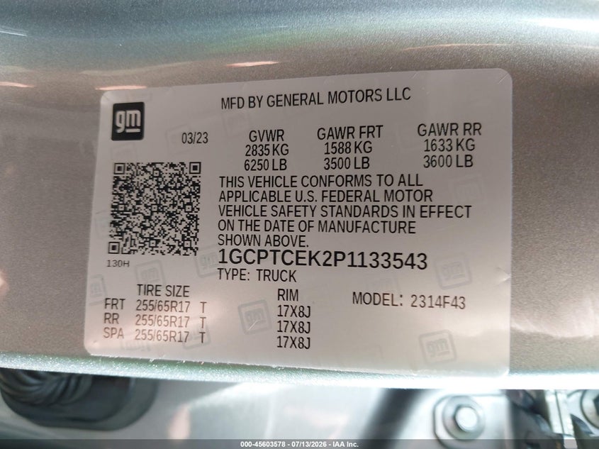 CHEVROLET COLORADO 2023 VIN 1GCPTCEK2P1133543