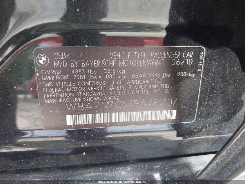 2011 BMW 335D VIN: WBAPN7C57BA781707 Lot: 45603588