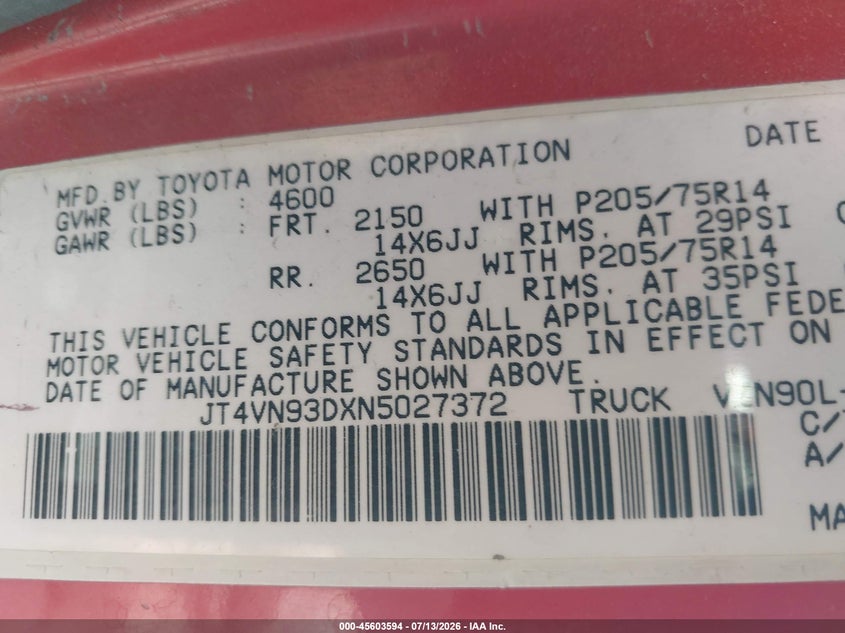 1992 Toyota Pickup 1/2 Ton Ex Lng Whlbse Dlx VIN: JT4VN93DXN5027372 Lot: 45603594