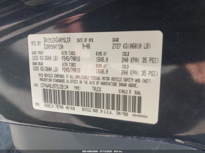 2007 Dodge Dakota Slt VIN: 1D7HW48J97S128134 Lot: 45603596