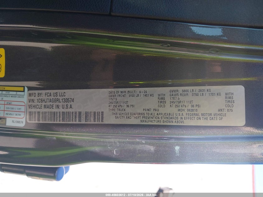 2024 Jeep Gladiator Sport VIN: 1C6HJTAG6RL130574 Lot: 45603612