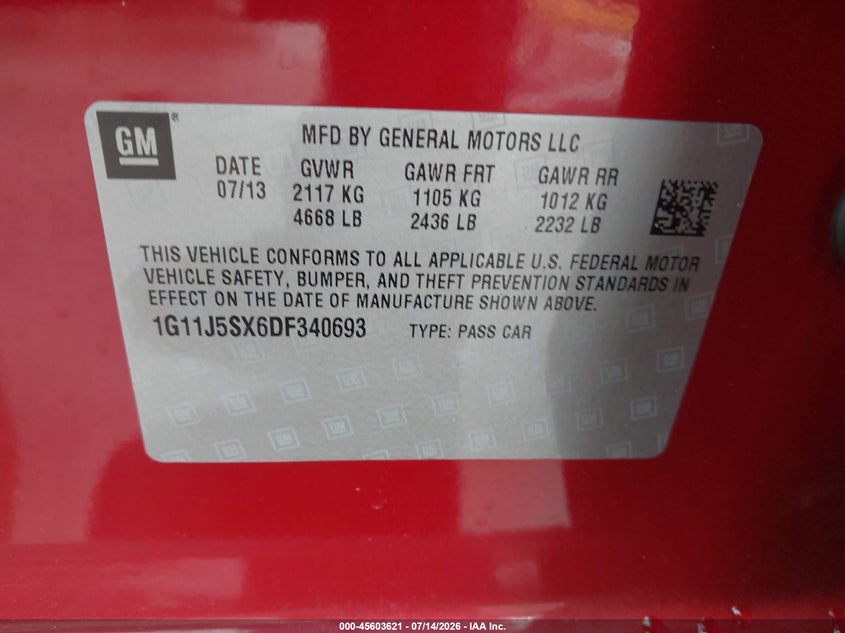 2013 Chevrolet Malibu 2Lz VIN: 1G11J5SX6DF340693 Lot: 45603621