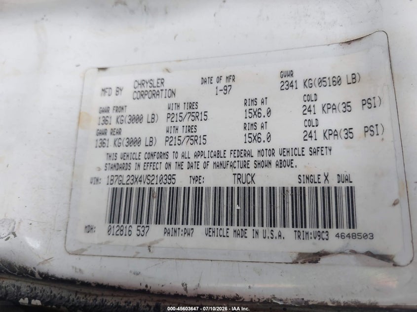 1997 Dodge Dakota Slt/Sport VIN: 1B7GL23X4VS210395 Lot: 45603647