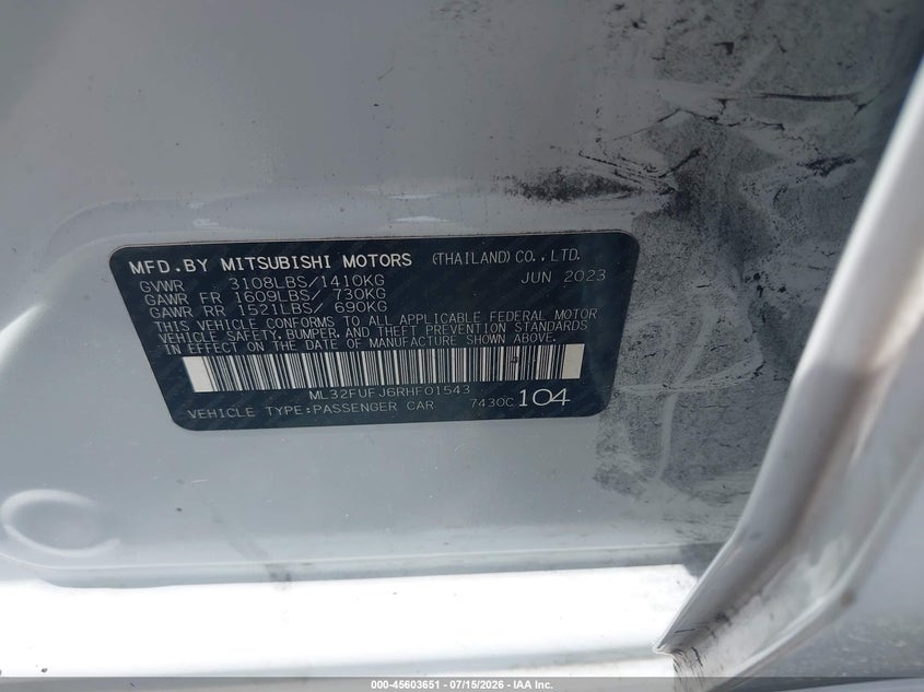 2024 Mitsubishi Mirage G4 Es VIN: ML32FUFJ6RHF01543 Lot: 45603651