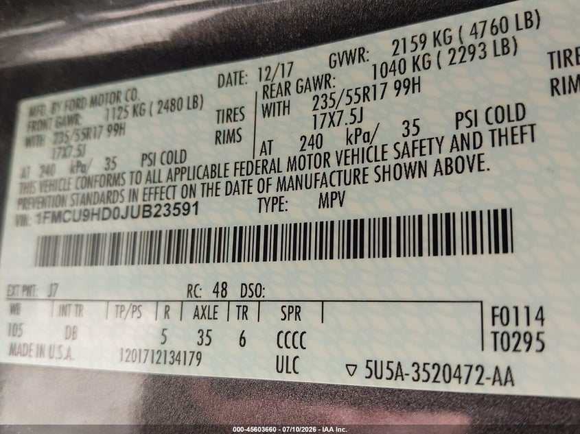 VIN 1FMCU9HD0JUB23591 2018 FORD ESCAPE SEL