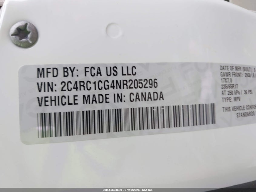 2022 Chrysler Voyager Lx VIN: 2C4RC1CG4NR205296 Lot: 45603669