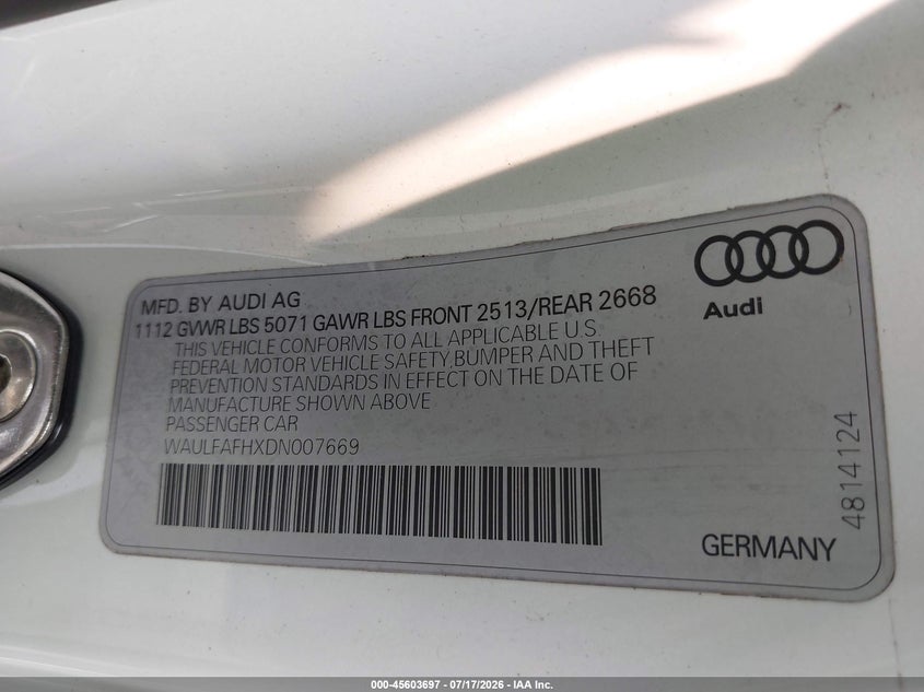 2013 Audi A5 2.0T Premium VIN: WAULFAFHXDN007669 Lot: 45603697