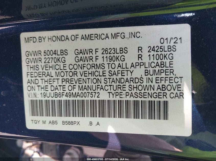 2021 Acura Tlx Technology Package VIN: 19UUB6F49MA007572 Lot: 45603705