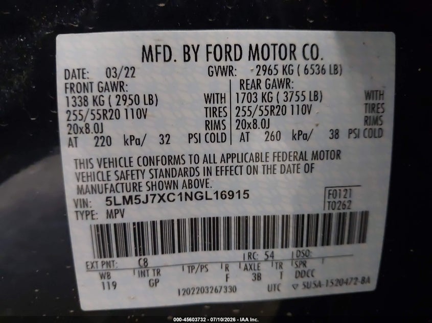 2022 Lincoln Aviator Reserve VIN: 5LM5J7XC1NGL16915 Lot: 45603732
