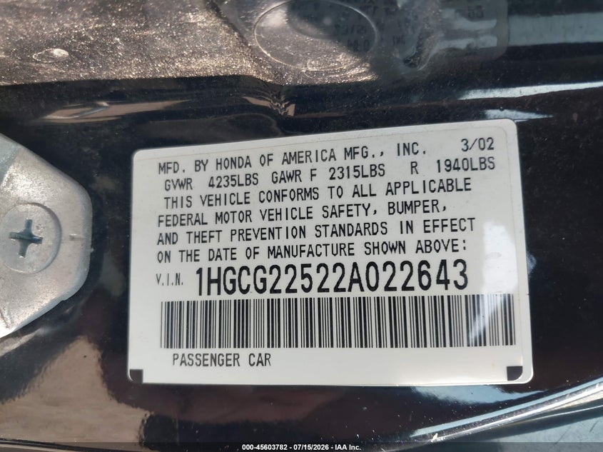 2002 Honda Accord 3.0 Ex VIN: 1HGCG22522A022643 Lot: 45603782