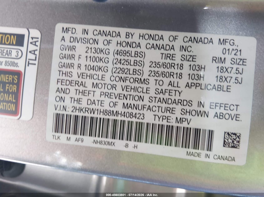 HONDA CR-V 2021 VIN 2HKRW1H88MH408423