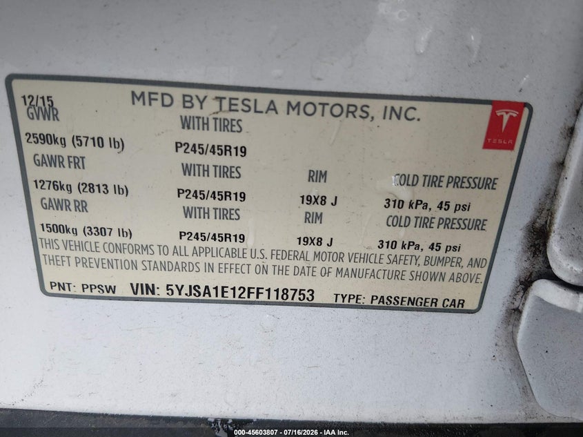 2015 Tesla Model S 60/70/85 VIN: 5YJSA1E12FF118753 Lot: 45603807