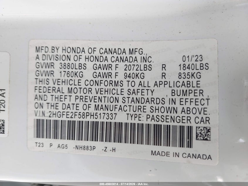 2023 Honda Civic Sport VIN: 2HGFE2F58PH517337 Lot: 45603814