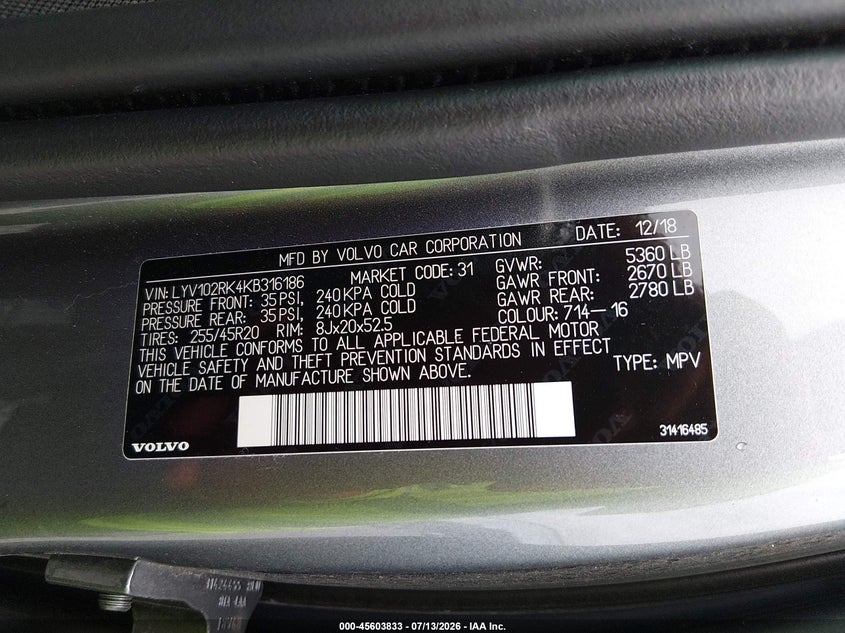 2019 Volvo Xc60 T5 Momentum VIN: LYV102RK4KB316186 Lot: 45603833