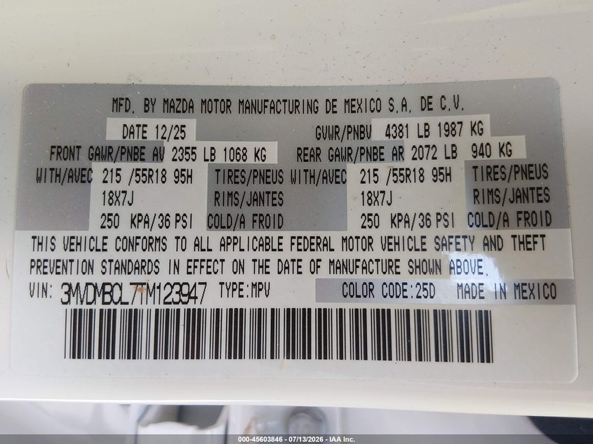 2026 Mazda Cx-30 2.5 S Preferred VIN: 3MVDMBCL7TM123947 Lot: 45603846