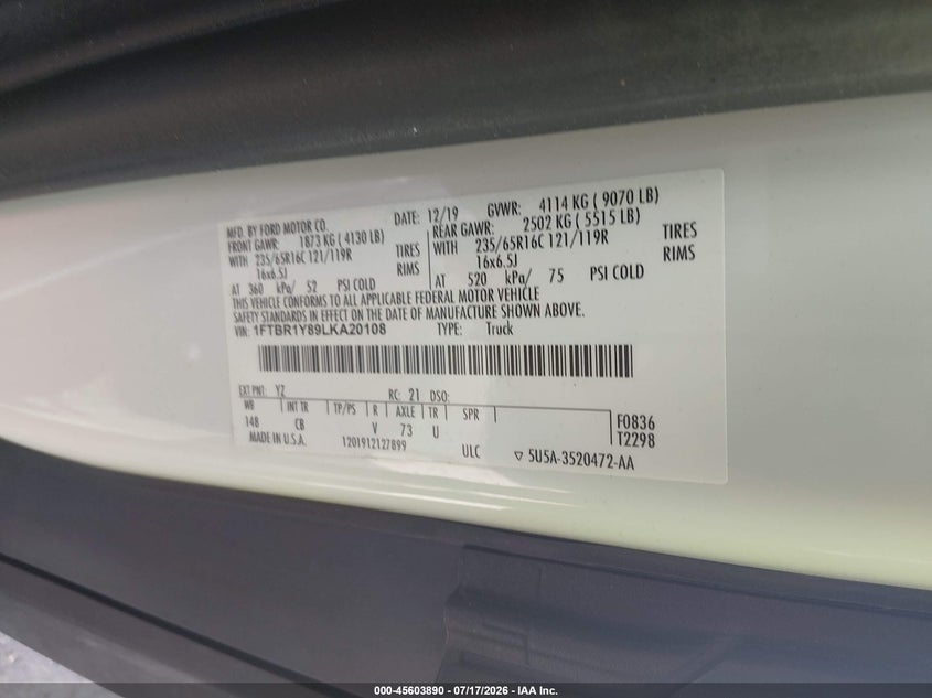 2020 Ford Transit-250 VIN: 1FTBR1Y89LKA20108 Lot: 45603890