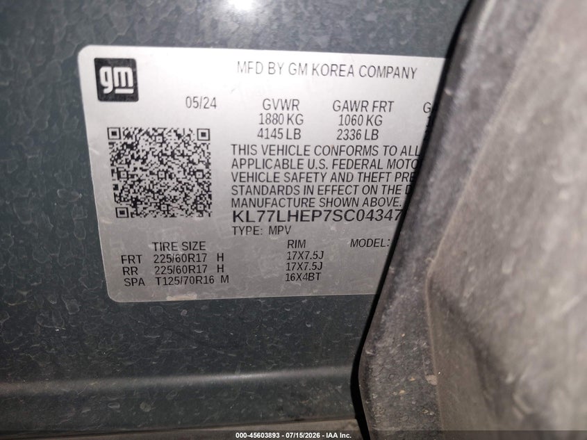 CHEVROLET TRAX 2025 VIN KL77LHEP7SC043470