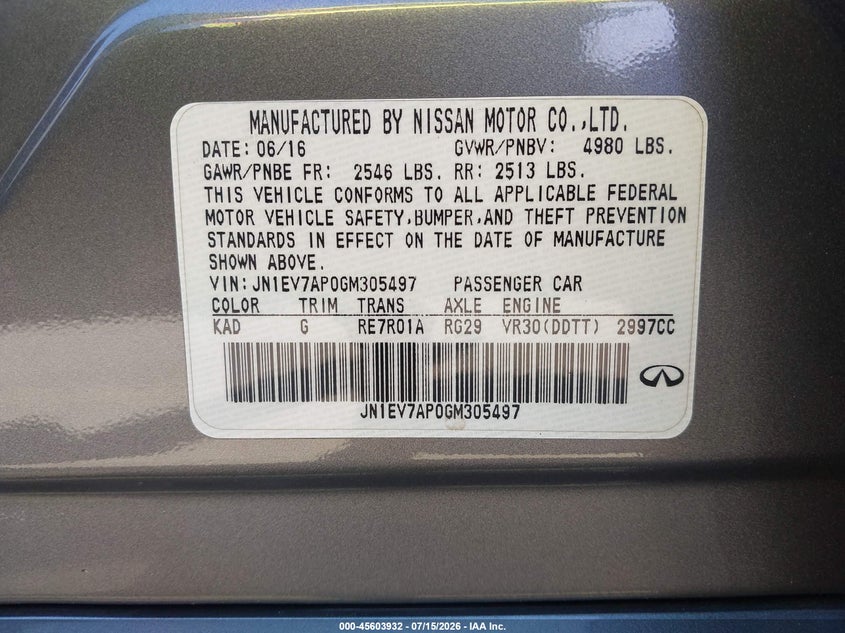2016 Infiniti Q50 3.0T Premium VIN: JN1EV7AP0GM305497 Lot: 45603932