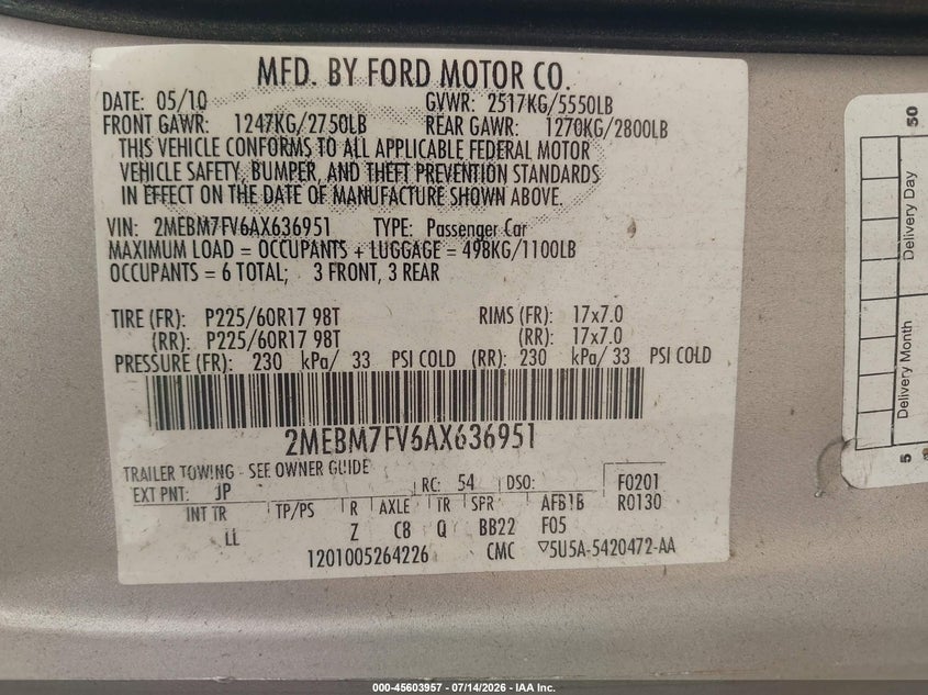 2010 Mercury Grand Marquis Ls (Fleet Only) VIN: 2MEBM7FV6AX636951 Lot: 45603957