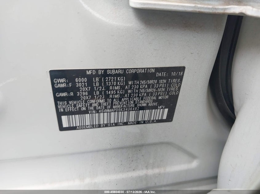 2019 Subaru Ascent Limited VIN: 4S4WMAPD5K3436482 Lot: 45604030