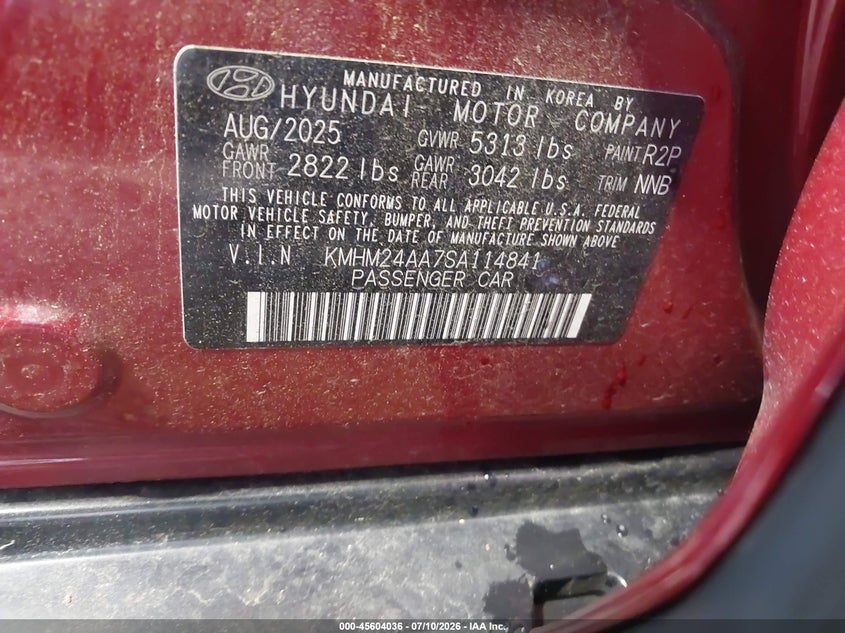 2025 Hyundai Ioniq 6 Se VIN: KMHM24AA7SA114841 Lot: 45604036