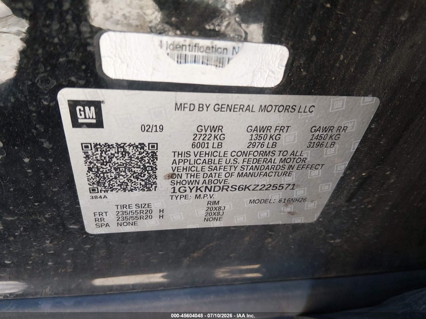 2019 Cadillac Xt5 Luxury VIN: 1GYKNDRS6KZ225571 Lot: 45604048