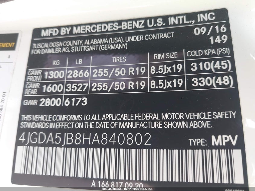 2017 Mercedes-Benz Gle 350 VIN: 4JGDA5JB8HA840802 Lot: 45604054