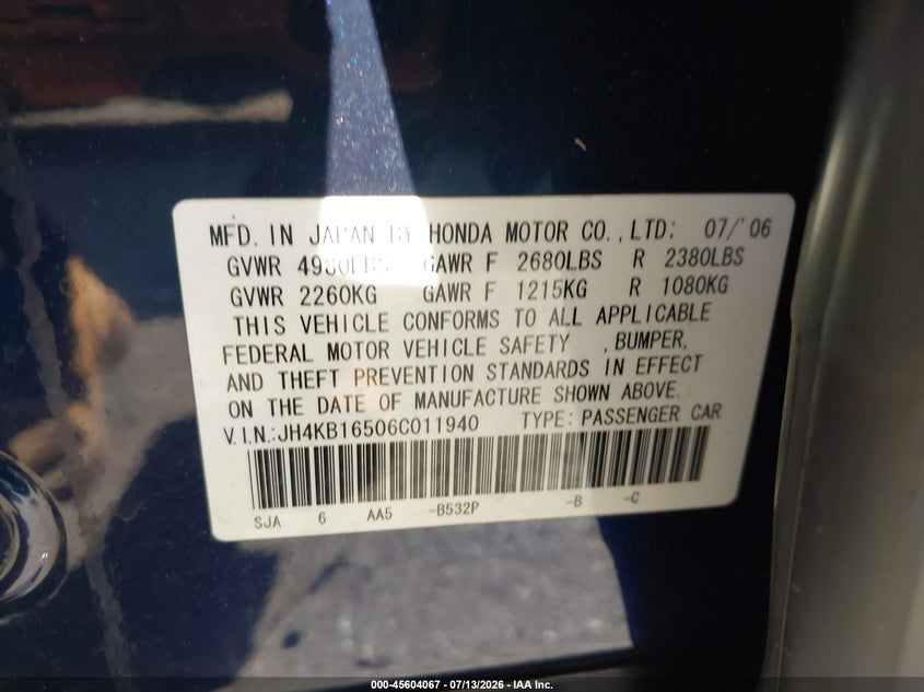 2006 Acura Rl 3.5 VIN: JH4KB16506C011940 Lot: 45604067
