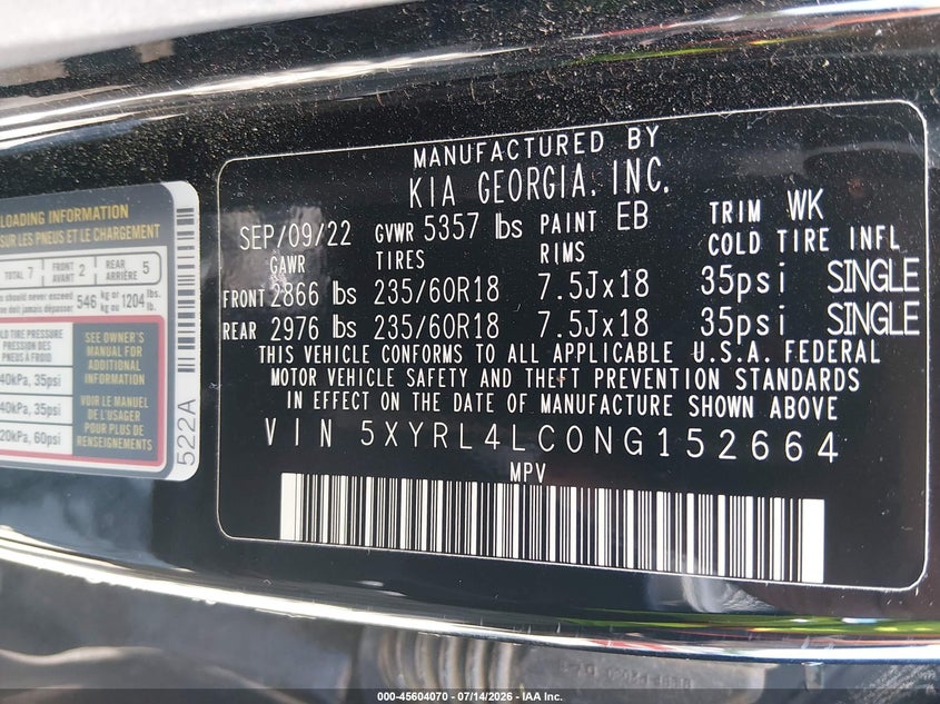 2022 Kia Sorento S VIN: 5XYRL4LC0NG152664 Lot: 45604070