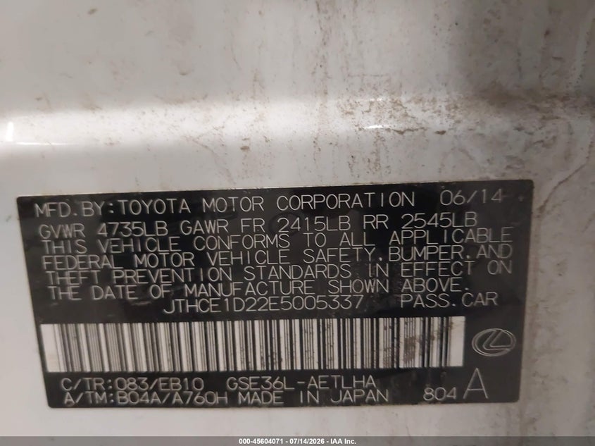 2014 Lexus Is 350 VIN: JTHCE1D22E5005337 Lot: 45604071
