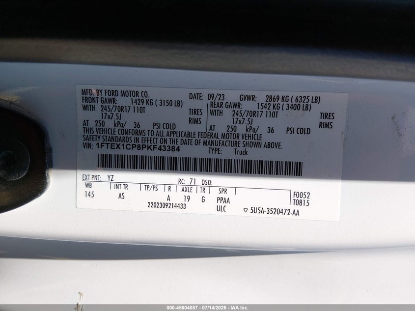 2023 Ford F-150 Xl/Xlt VIN: 1FTEX1CP8PKF43384 Lot: 45604087