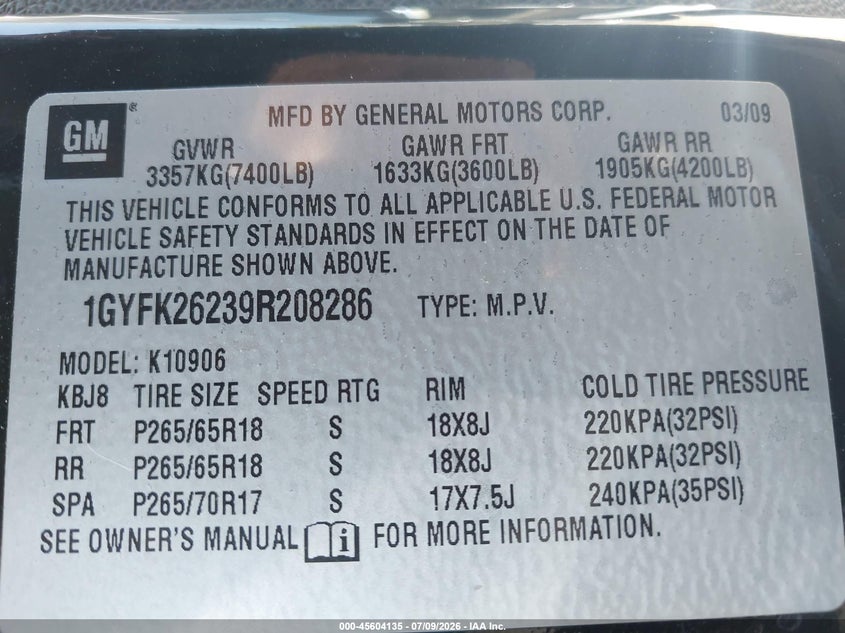 2009 Cadillac Escalade Esv Standard VIN: 1GYFK26239R208286 Lot: 45604135