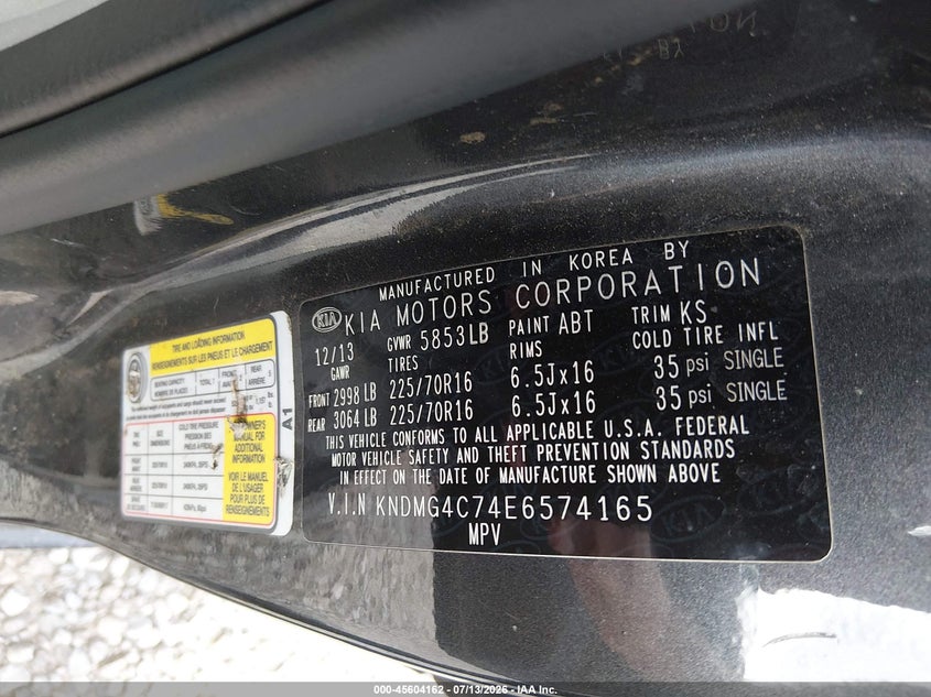 2014 Kia Sedona Lx VIN: KNDMG4C74E6574165 Lot: 45604162
