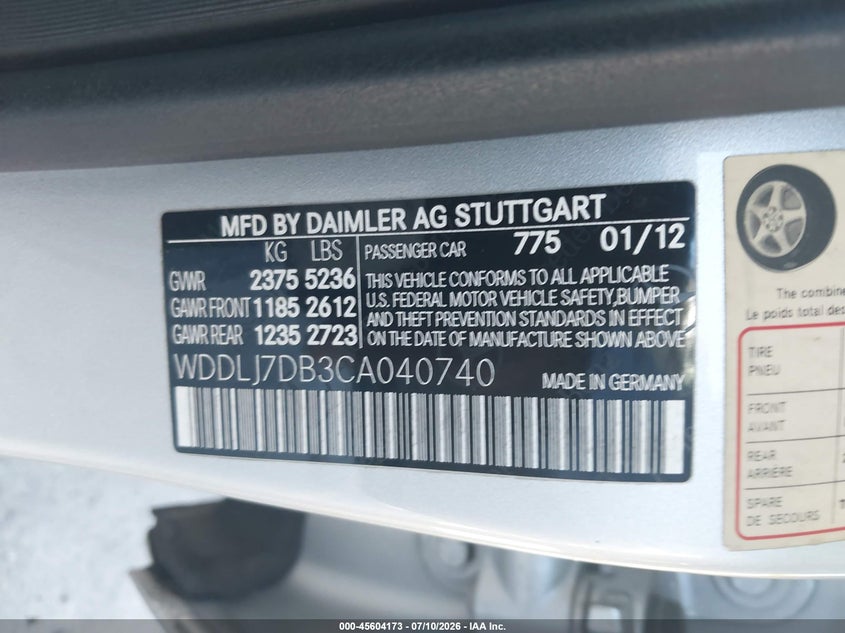 2012 Mercedes-Benz Cls 550 VIN: WDDLJ7DB3CA040740 Lot: 45604173